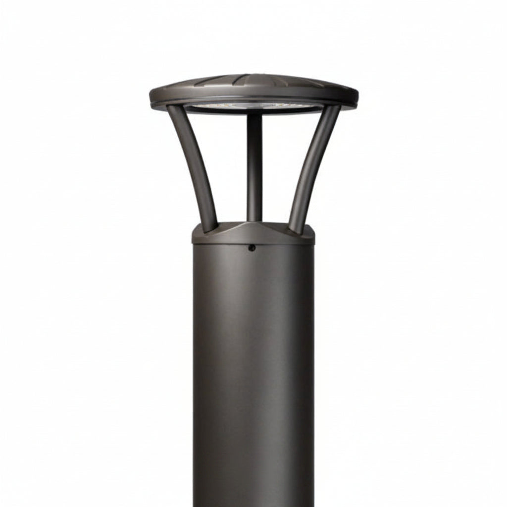 Dark gray metal led bollard light with cylindrical base and arched dome top 3000 lumen max bronze finish
