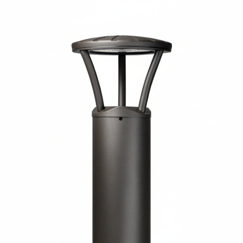 Dark gray metal led bollard light with cylindrical base and arched dome top 3000 lumen max bronze finish