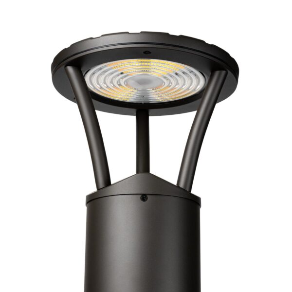 Black led bollard light with circular modern design featuring four curved arms and selectable wattage and cct in bronze