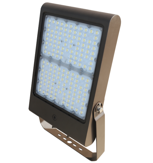 A modern outdoor LED floodlight with a dark bronze housing and a matching metal mounting bracket, shown at an angle on a white background.