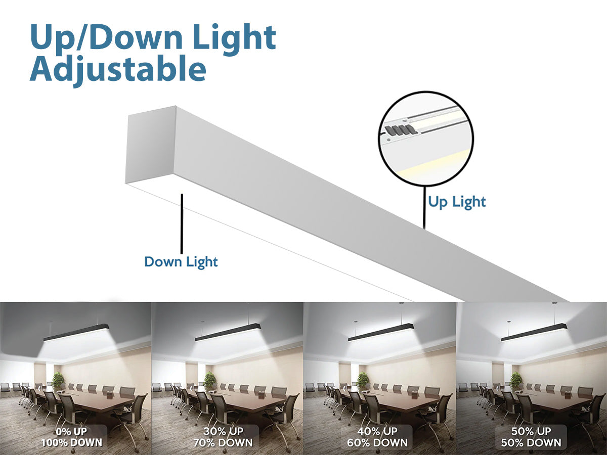 4 FT LED Direct/Indirect Suspended Linear Fixture, 6900 Lumen Max, Wattage and CCT Selectable, 120-277V, Black, White, or Silver Finish