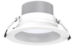 White recessed 6 inch led commercial downlight with sleek metallic silver trim and selectable wattage and cct options
