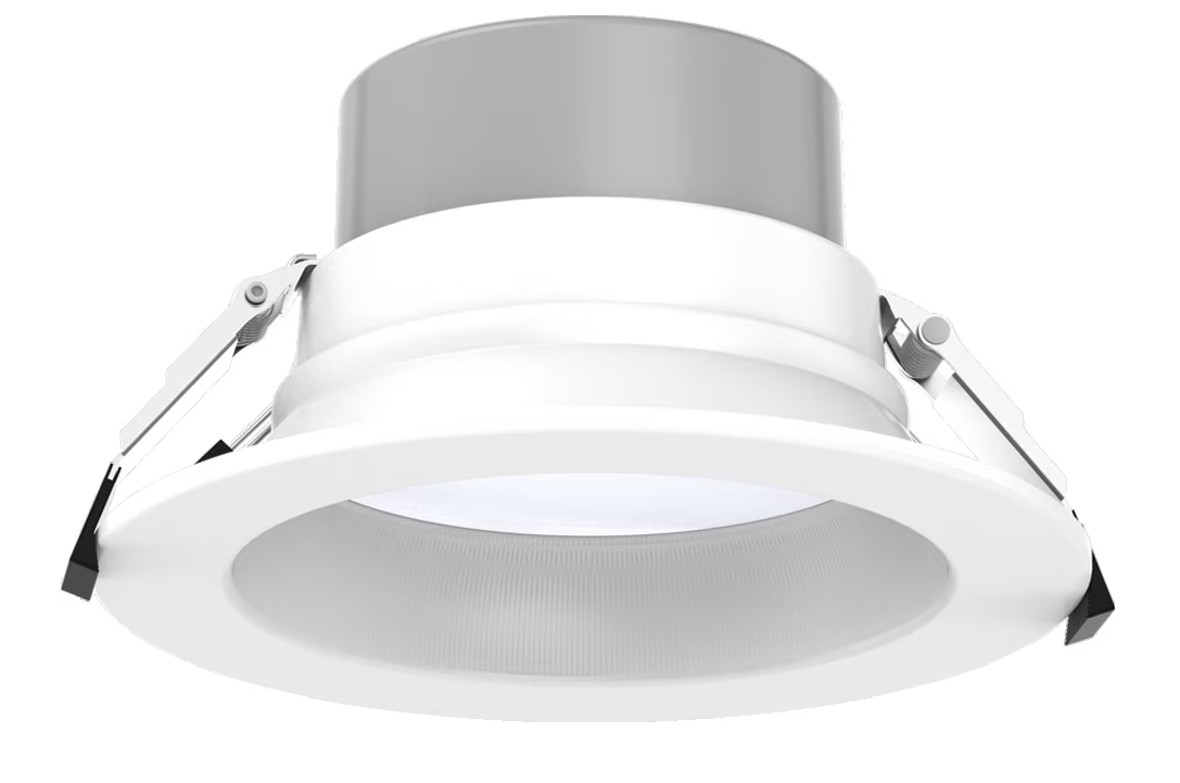 White recessed 6 inch led commercial downlight with sleek metallic silver trim and selectable wattage and cct options