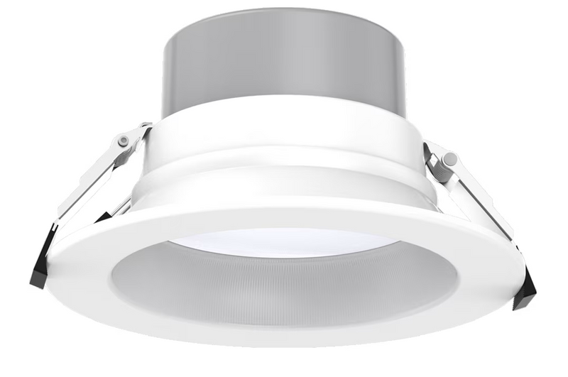White recessed 6 inch led commercial downlight with sleek metallic silver trim and selectable wattage and cct options