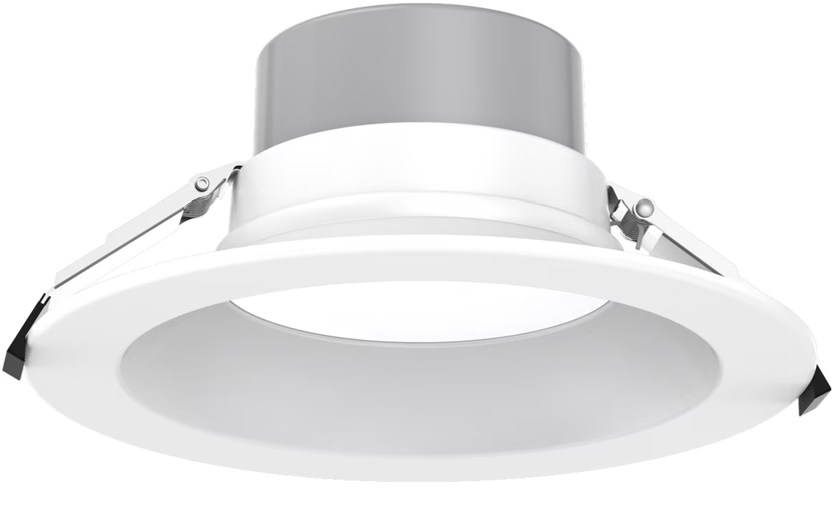 White recessed 8 inch led commercial downlight with sleek metallic silver trim wattage and cct selectable