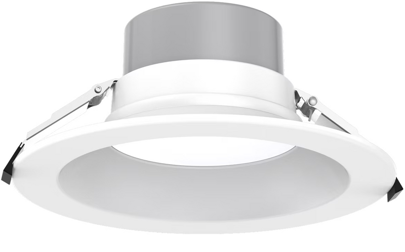 White recessed 8 inch led commercial downlight with sleek metallic silver trim wattage and cct selectable
