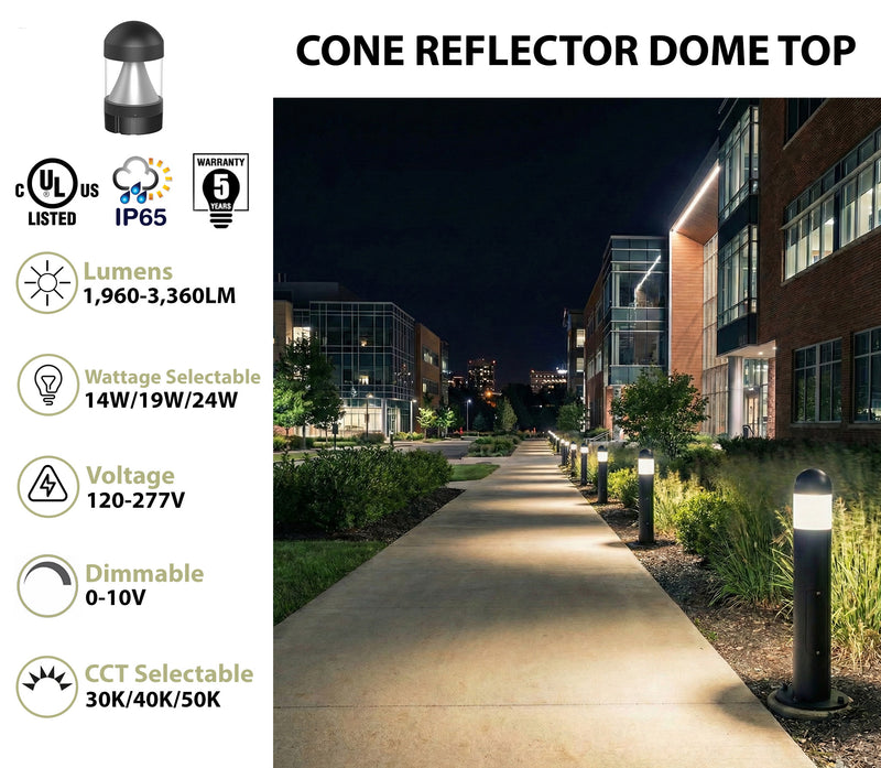 Black commercial led bollard light with cone reflector dome top and ip65 waterproof rating for outdoor pathways