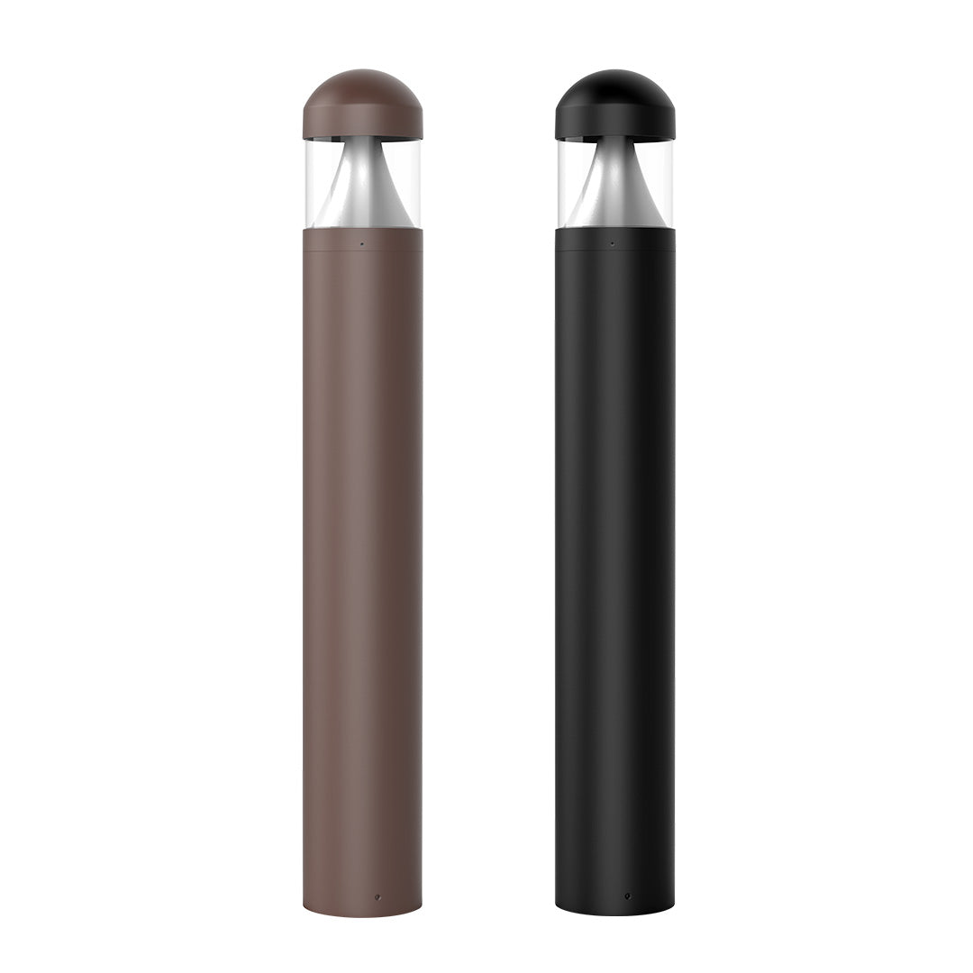 Two modern commercial led bollard lights in black and bronze with cone reflector and clear glass top housing led bulb