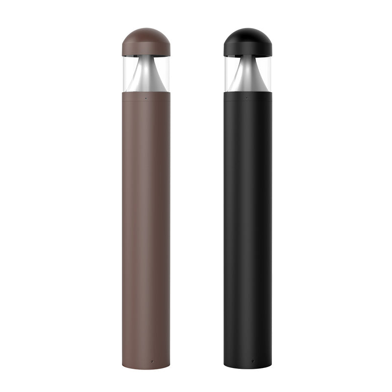 Two modern commercial led bollard lights in black and bronze with cone reflector and clear glass top housing led bulb