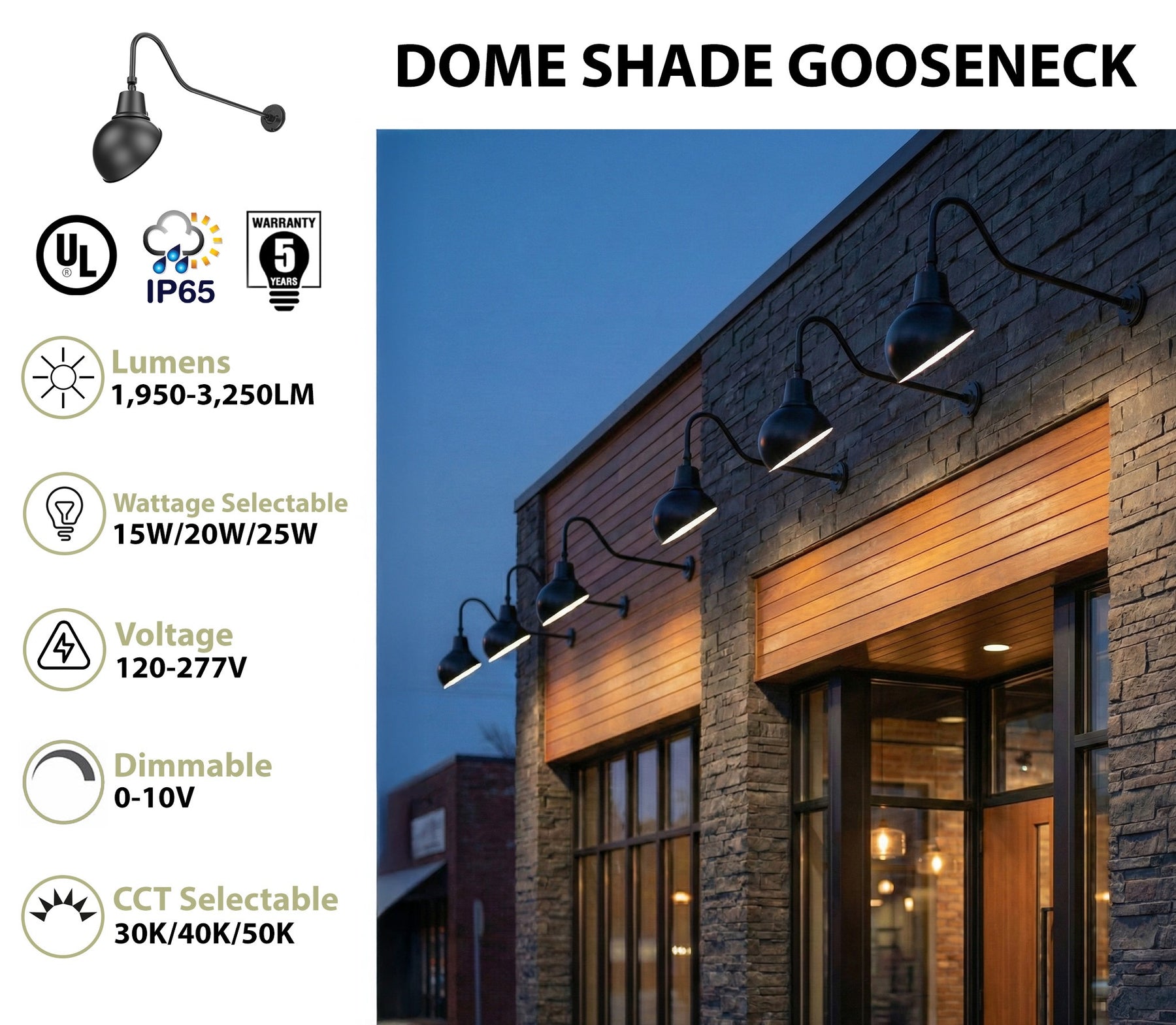 LED Gooseneck Light Fixture 3250 Lumen Max Wattage and CCT Selectable 120-277V Dome Shade Black - Gooseneck Lights