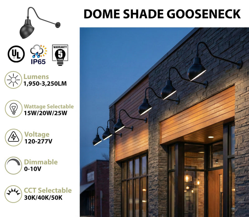 LED Gooseneck Light Fixture 3250 Lumen Max Wattage and CCT Selectable 120-277V Dome Shade Black - Gooseneck Lights