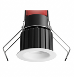 Black and white 1 inch round recessed oak™ downlight with red accent and ribbed heat sink for wide beam lighting