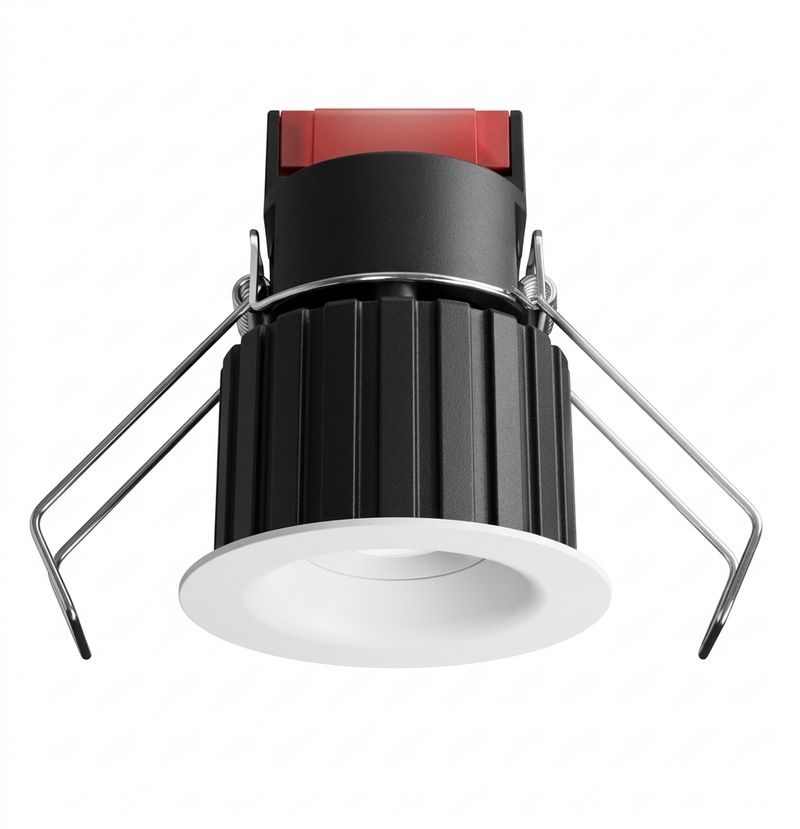 Black and white 1 inch round recessed oak™ downlight with red accent and ribbed heat sink for wide beam lighting