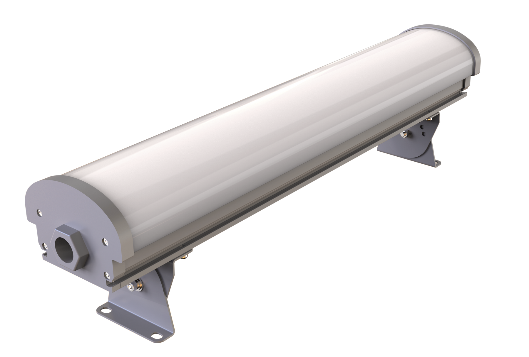 Silver cylindrical 4ft hazardous location led linear light fixture with sleek metallic finish for industrial use
