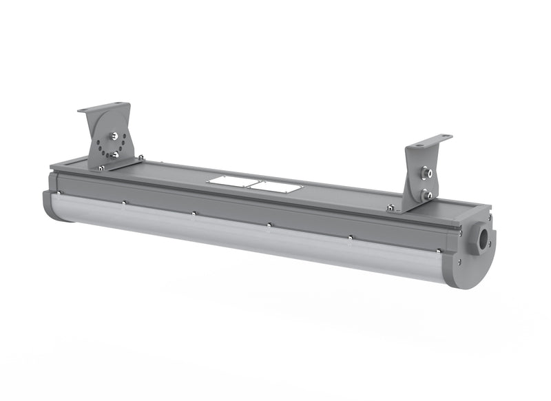 Silver cylindrical 4ft hazardous location led linear light fixture with sleek metallic finish for class 1 division 2 use
