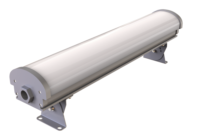 Silver cylindrical 4ft hazardous location led linear light fixture with sleek metallic finish for industrial use