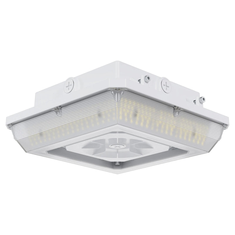 A square white industrial ceiling light fixture with a ribbed translucent shade and visible internal LED light bars, shown against a plain white background.