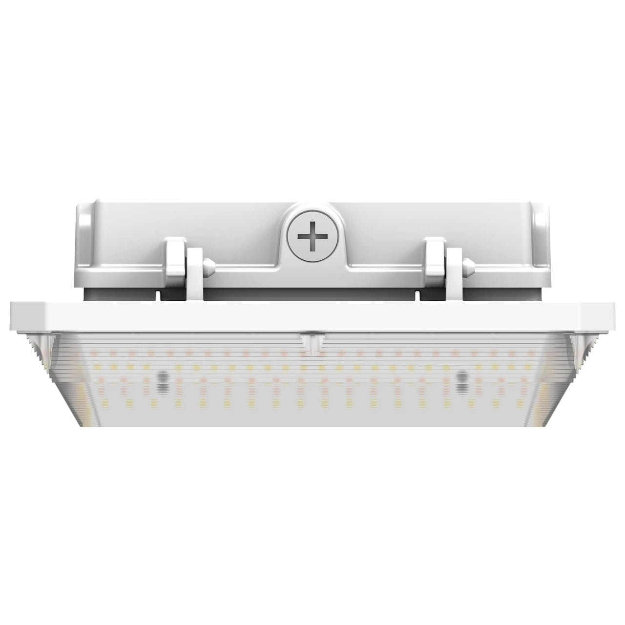 A square white LED light fixture with a mounting bracket and a central plus sign symbol on the top plate, shown against a solid white background.