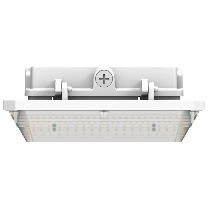 A square white LED light fixture with a mounting bracket and a central plus sign symbol on the top plate, shown against a solid white background.