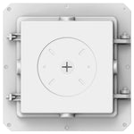 A square white metal door or hatch with a circular central panel, shown on a plain white background. The door has mounting hardware on the sides and a plus sign symbol in the center.