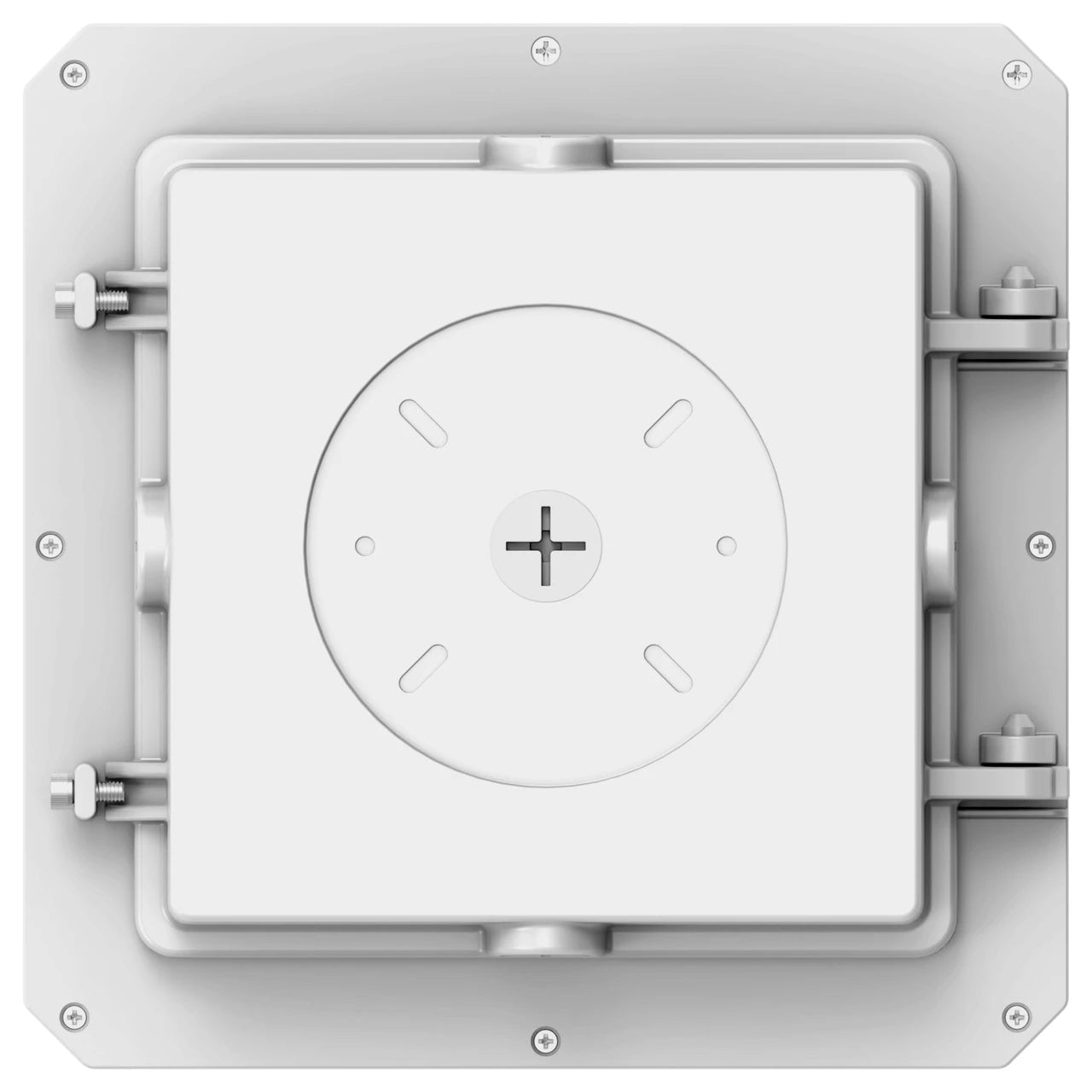 A square white metal door or hatch with a circular central panel, shown on a plain white background. The door has mounting hardware on the sides and a plus sign symbol in the center.