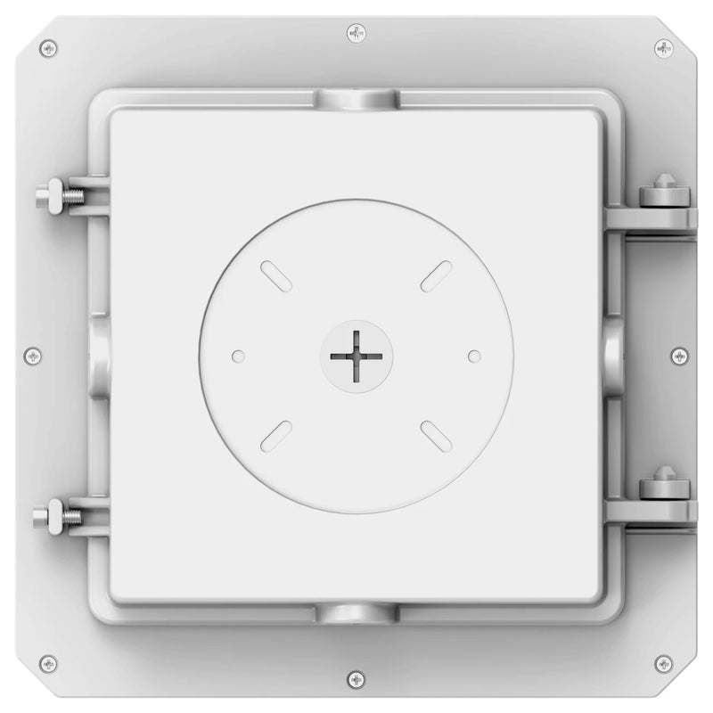 A square white metal door or hatch with a circular central panel, shown on a plain white background. The door has mounting hardware on the sides and a plus sign symbol in the center.