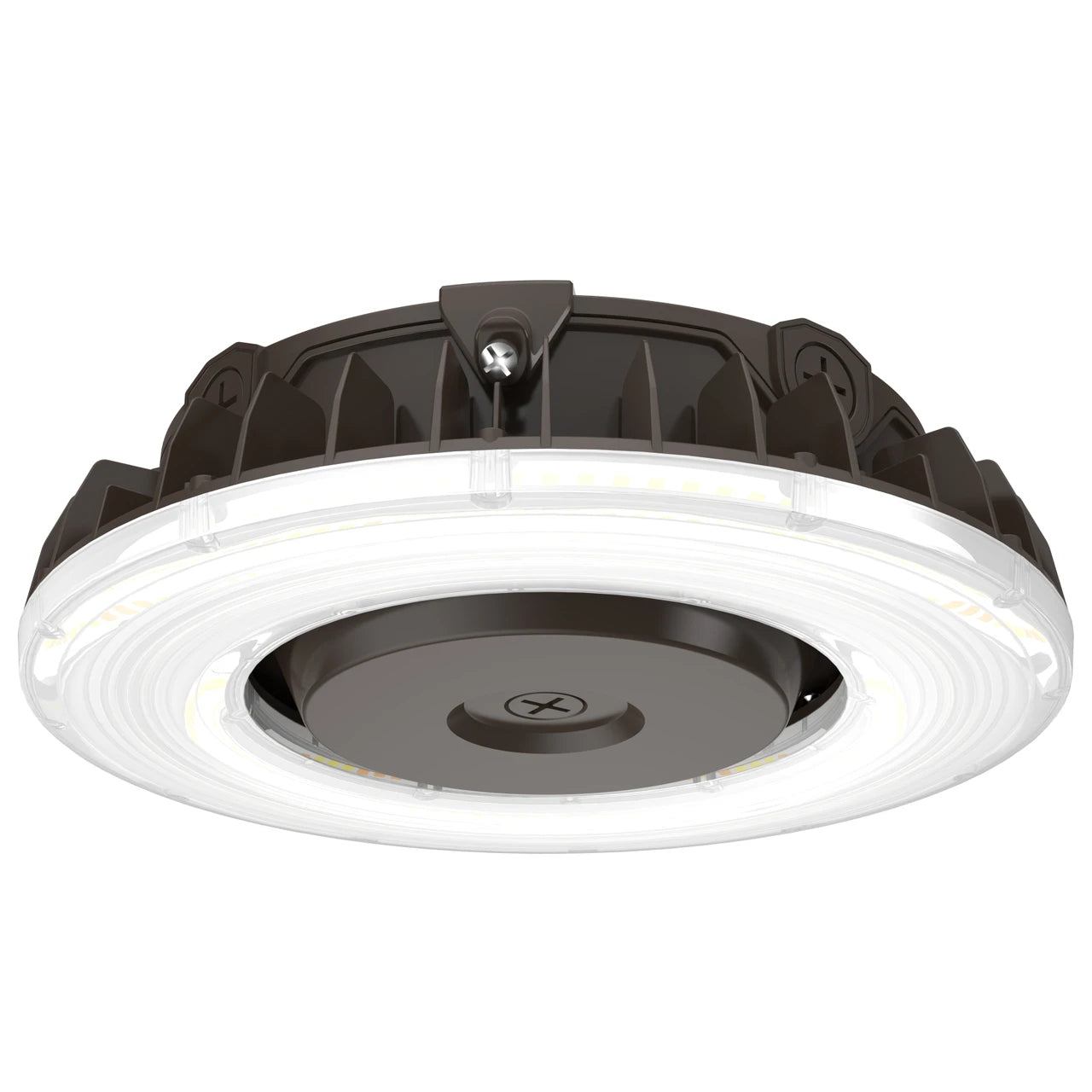 A circular LED work light with a dark brown housing and a bright white illuminated ring, shown from a top-down angle on a white background.