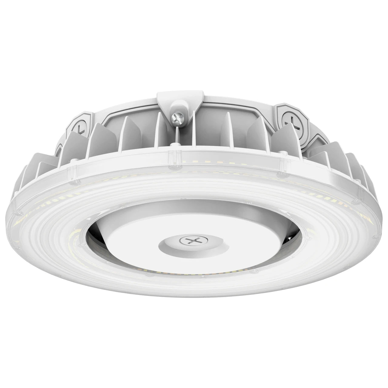 A white circular LED ceiling light fixture with a ribbed outer casing and a central mounting bracket, shown against a plain white background.