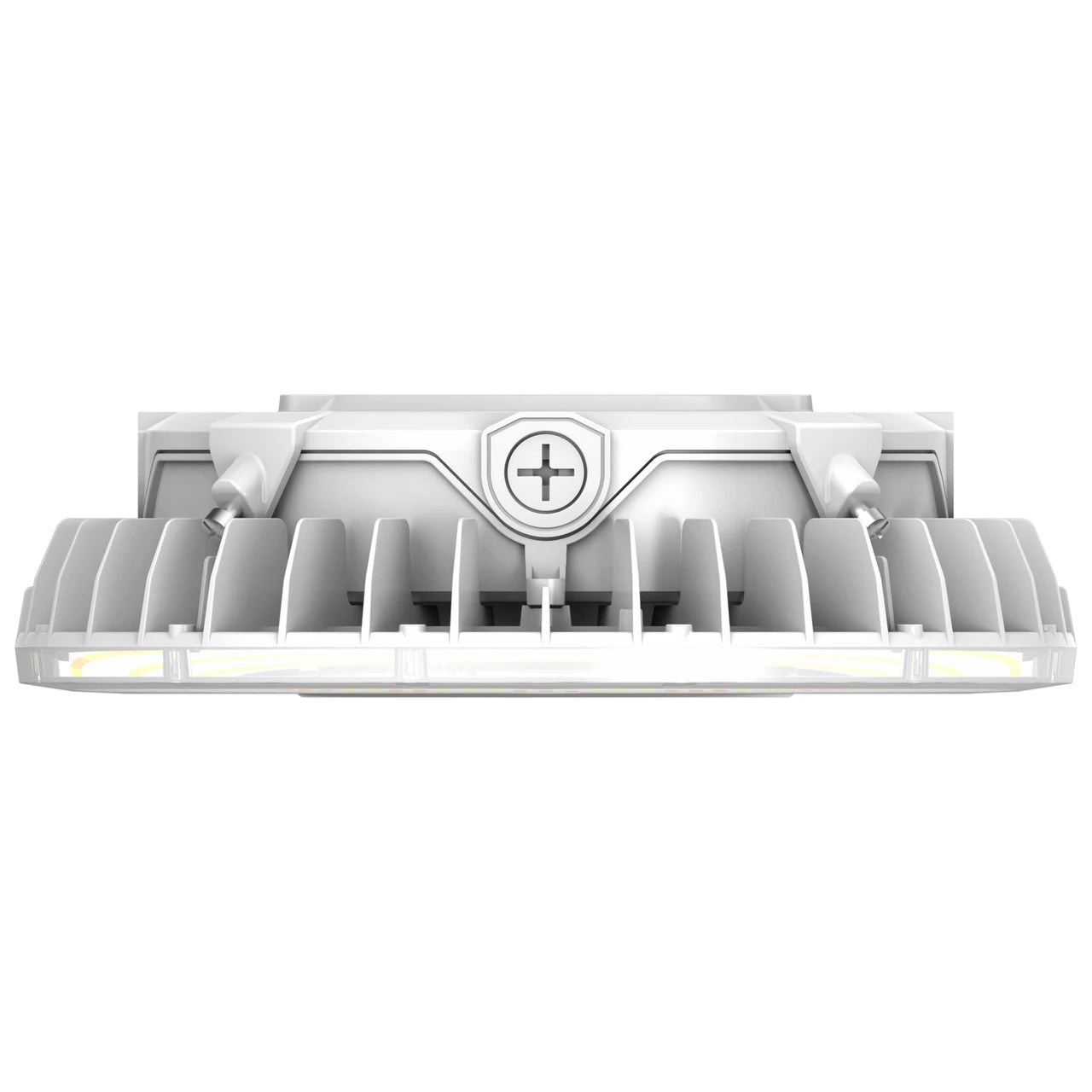 A modern, rectangular high-bay LED warehouse light fixture with a white and gray ribbed metal housing, featuring a central shield emblem with a cross symbol, shown against a plain white background.
