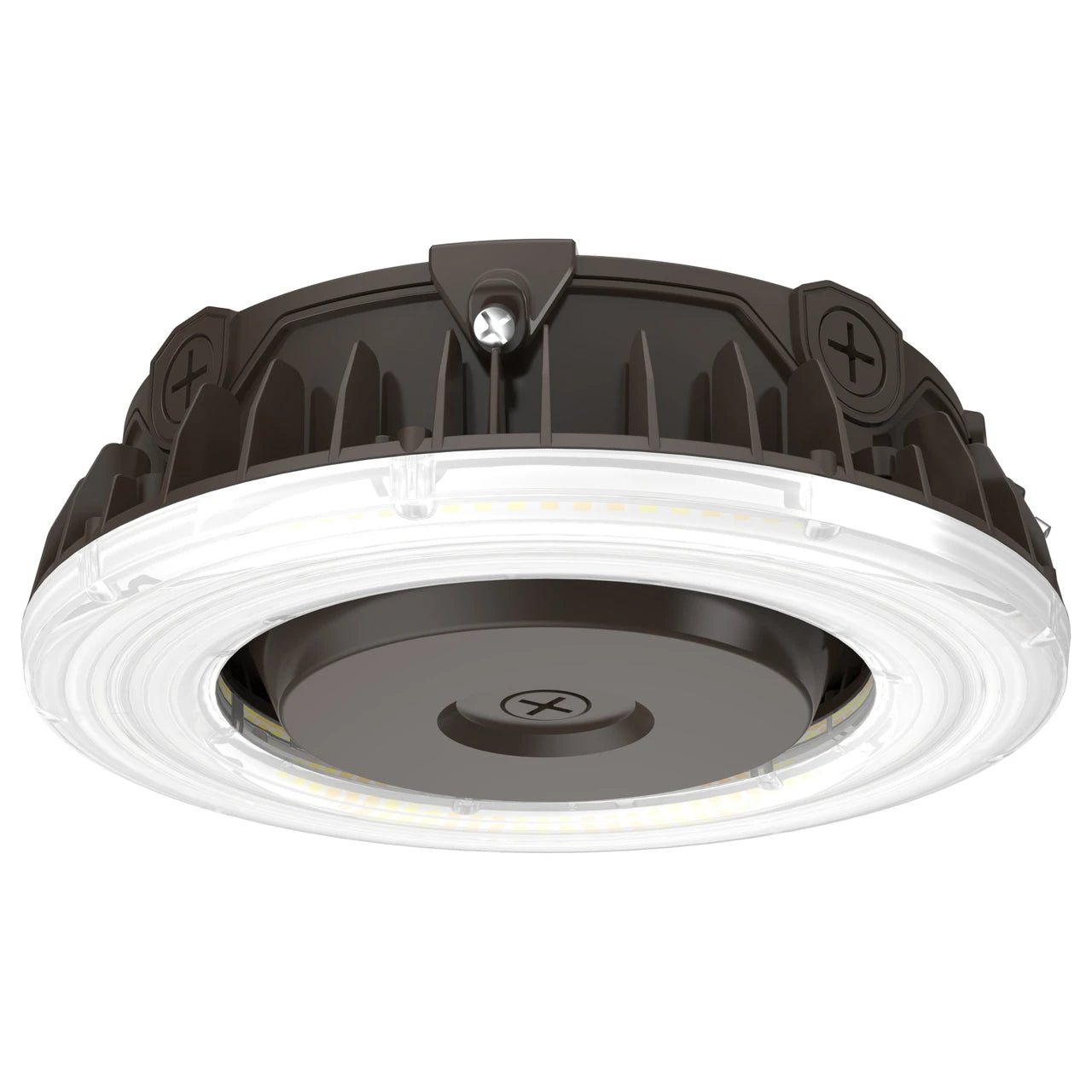 A circular industrial LED light fixture with a dark brown metal housing and a white ribbed diffuser ring, shown against a plain white background.