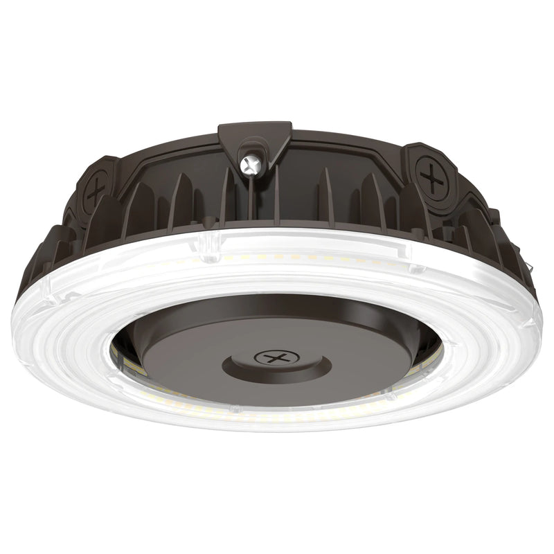 A circular industrial LED light fixture with a dark brown metal housing and a white ribbed diffuser ring, shown against a plain white background.