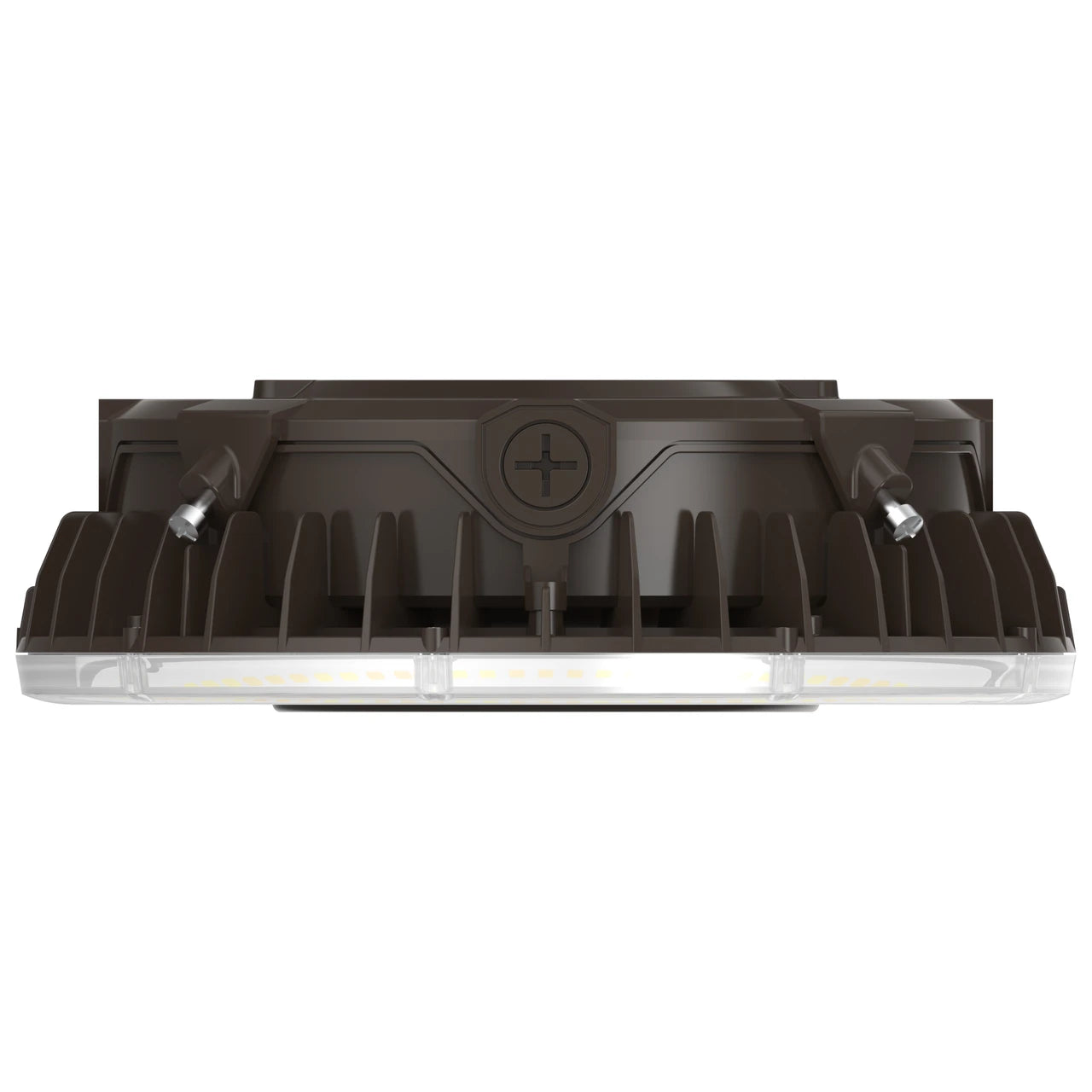 A modern rectangular LED street light fixture in a dark brown finish, featuring a ribbed heat sink design, two adjustable side reflectors, and a clear protective lens over a row of LED chips, shown against a plain white background.