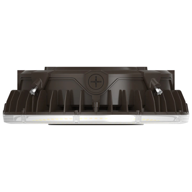 A modern rectangular LED street light fixture in a dark brown finish, featuring a ribbed heat sink design, two adjustable side reflectors, and a clear protective lens over a row of LED chips, shown against a plain white background.