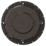 A circular dark brown plastic component, likely a vehicle or machinery wheel cover or protective cap, featuring a ribbed outer rim with evenly spaced silver fasteners and a central circular section with a plus sign symbol.
