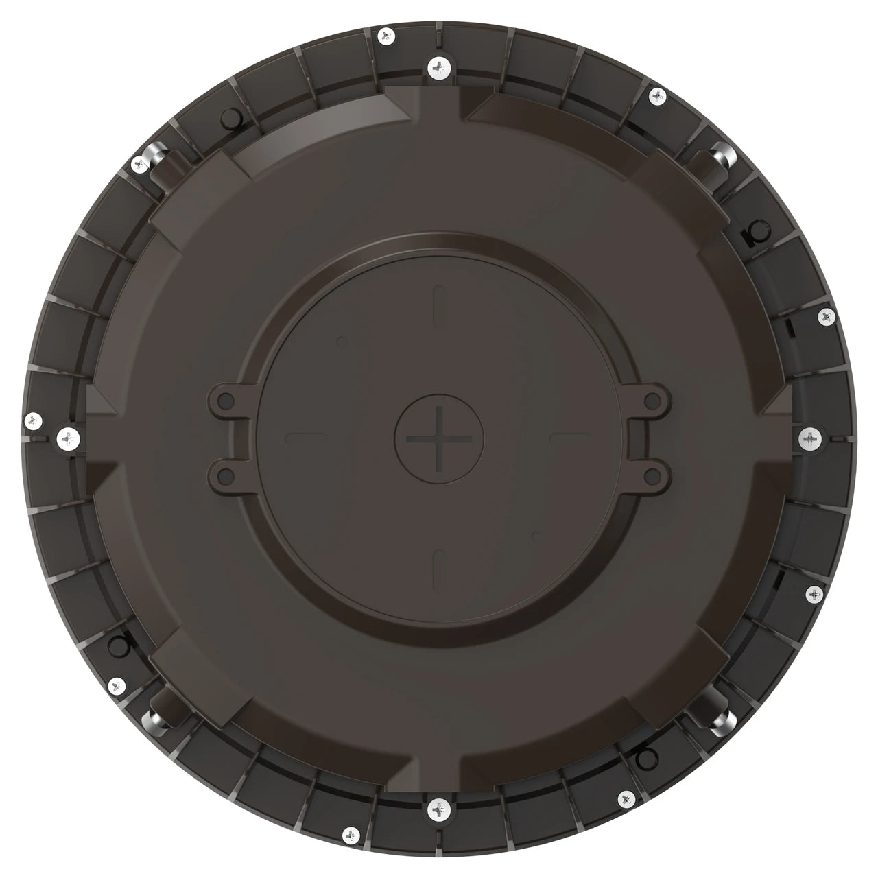 A circular dark brown plastic component, likely a vehicle or machinery wheel cover or protective cap, featuring a ribbed outer rim with evenly spaced silver fasteners and a central circular section with a plus sign symbol.