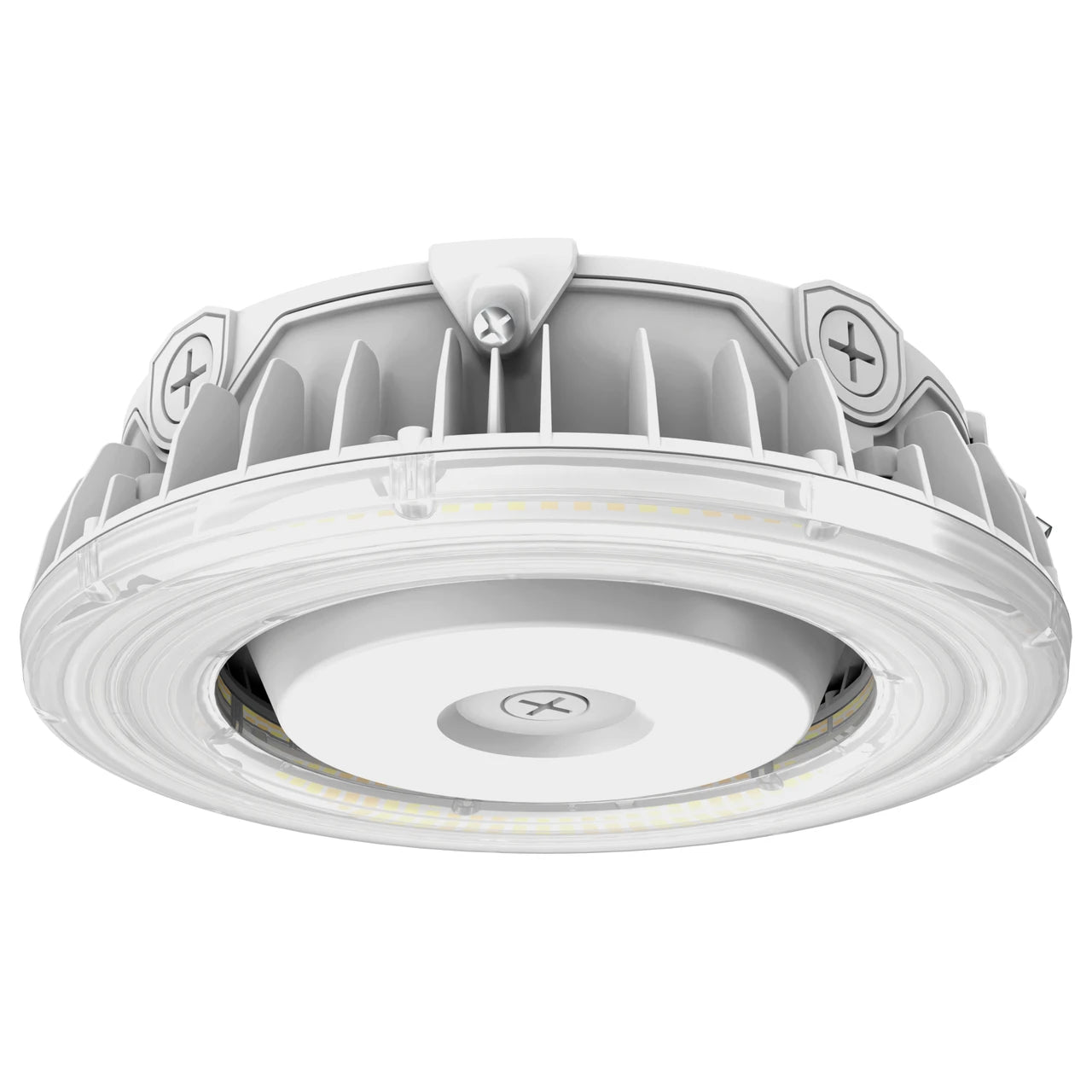 A white LED ceiling light fixture with a ribbed aluminum heat sink and a clear outer lens, shown against a plain white background.