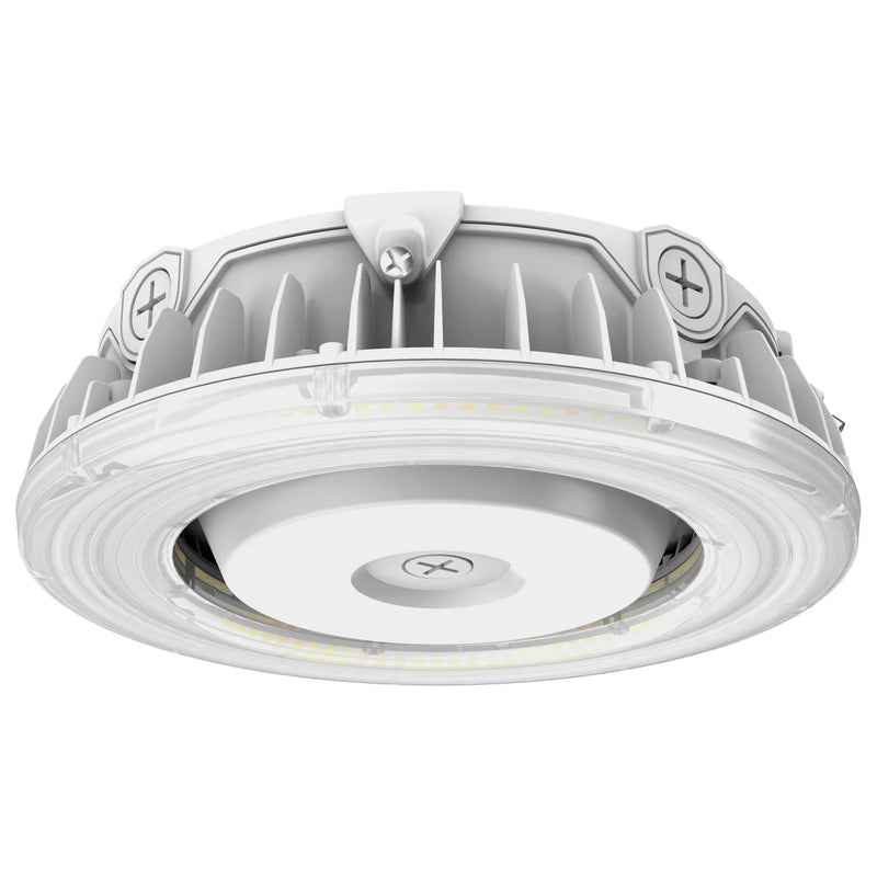 A white LED ceiling light fixture with a ribbed aluminum heat sink and a clear outer lens, shown against a plain white background.