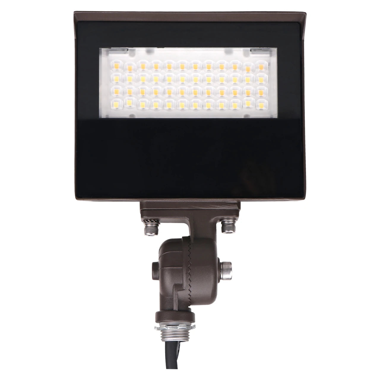 A square industrial LED wall light with a black faceplate and a dark brown mounting bracket, shown against a solid white background.