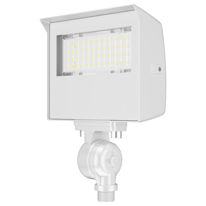 A white outdoor LED wall light fixture with a mounting bracket and threaded base, shown on a plain white background.