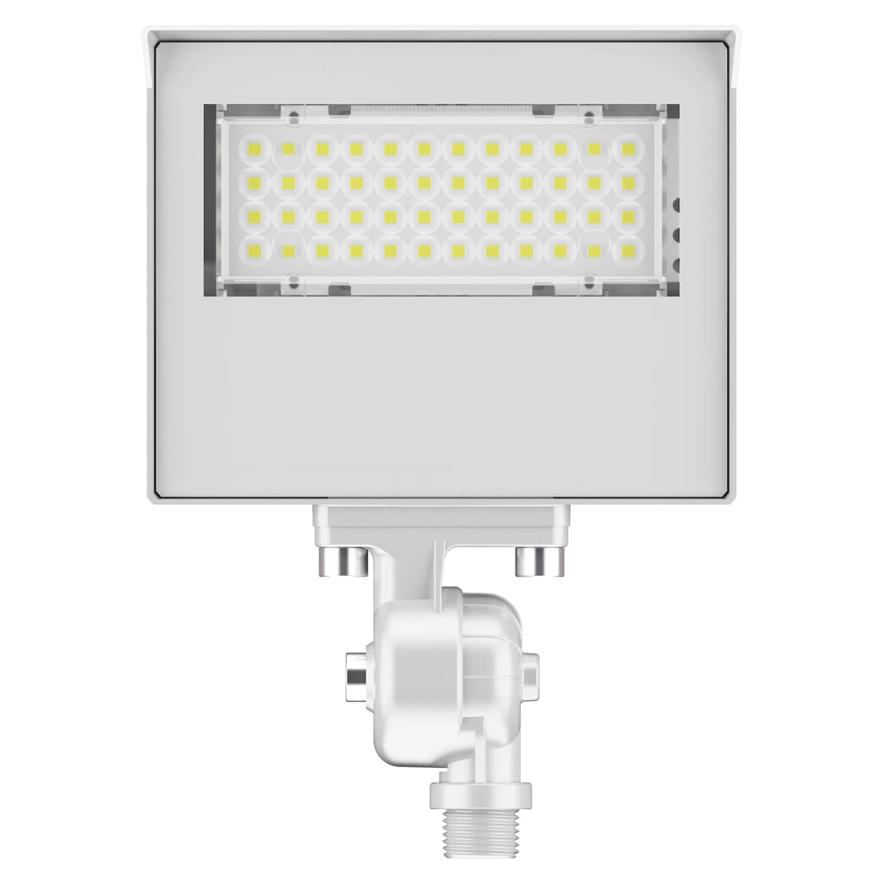 A square white outdoor LED wall light fixture with a mounting bracket and threaded base, shown against a solid white background.
