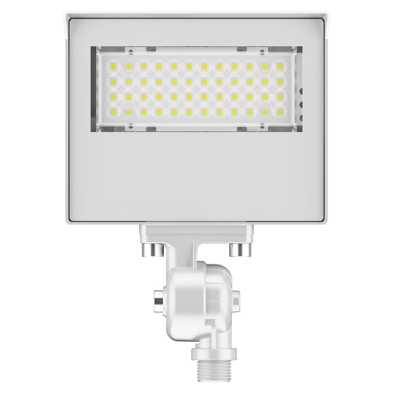 A square white outdoor LED wall light fixture with a mounting bracket and threaded base, shown against a solid white background.