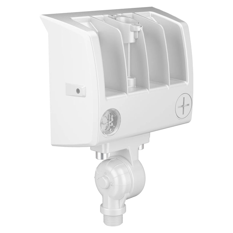 A white outdoor wall-mounted double spout sprinkler head with a built-in light and adjustable lower fitting, shown on a solid white background.