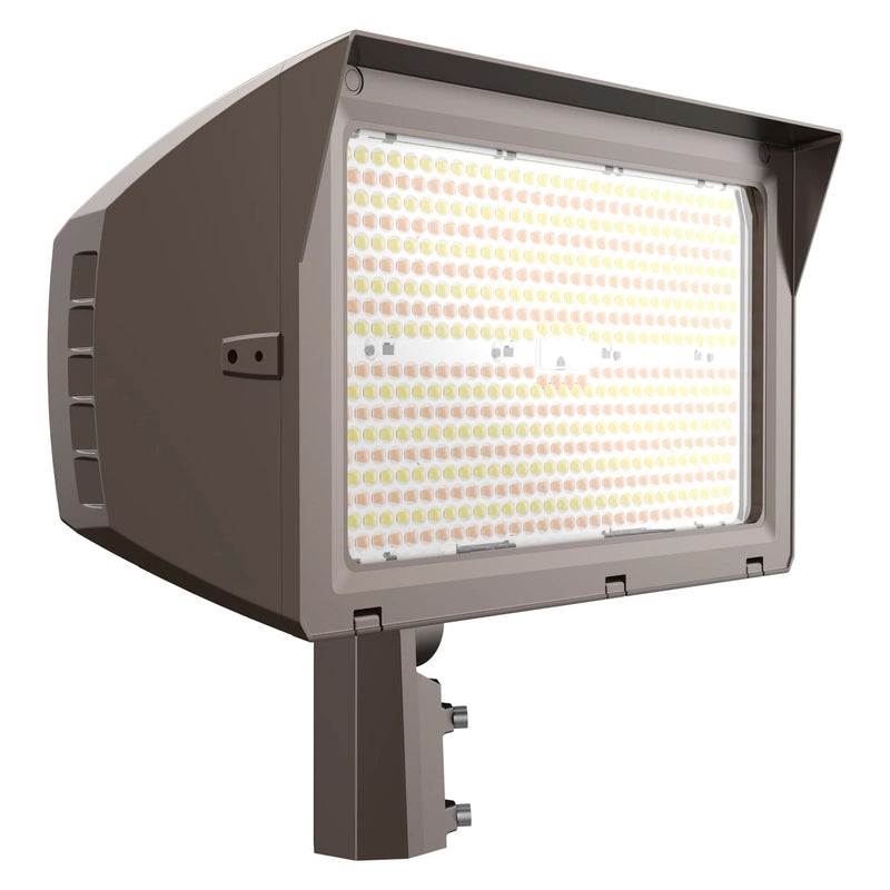 A large outdoor LED wall light fixture with a dark gray housing and a protective hood, shown on a solid white background.