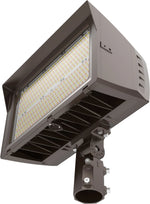 A modern outdoor LED floodlight fixture with a dark brown metal housing and mounting bracket, shown against a plain white background.