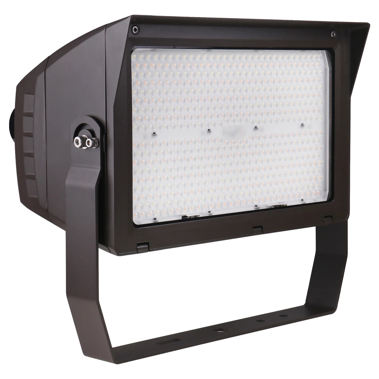 A large rectangular industrial LED floodlight with a black housing and mounting bracket, shown against a plain white background.