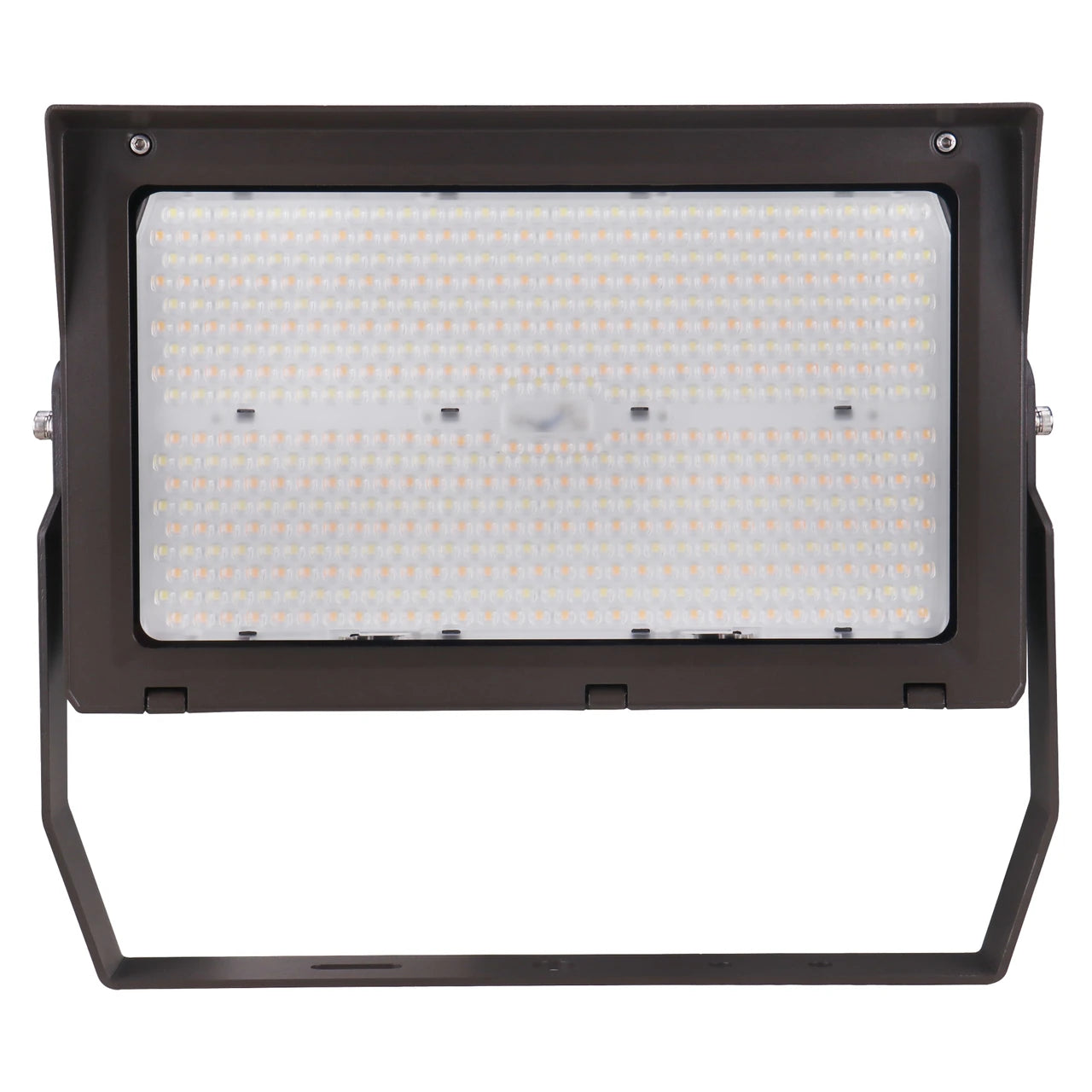 A large rectangular outdoor LED floodlight with a black metal housing and mounting bracket, shown against a plain white background.