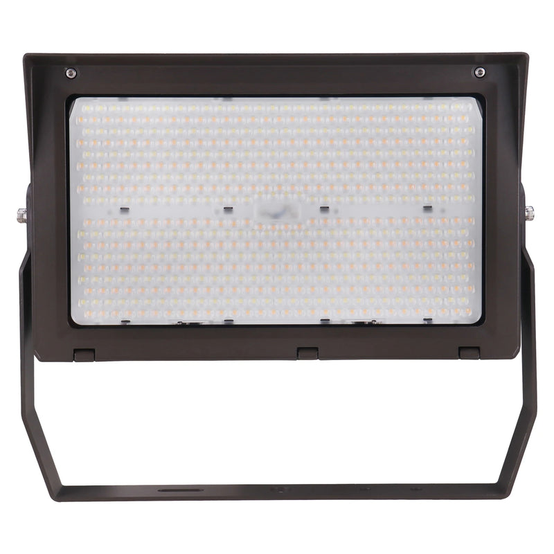 A large rectangular outdoor LED floodlight with a black metal housing and mounting bracket, shown against a plain white background.