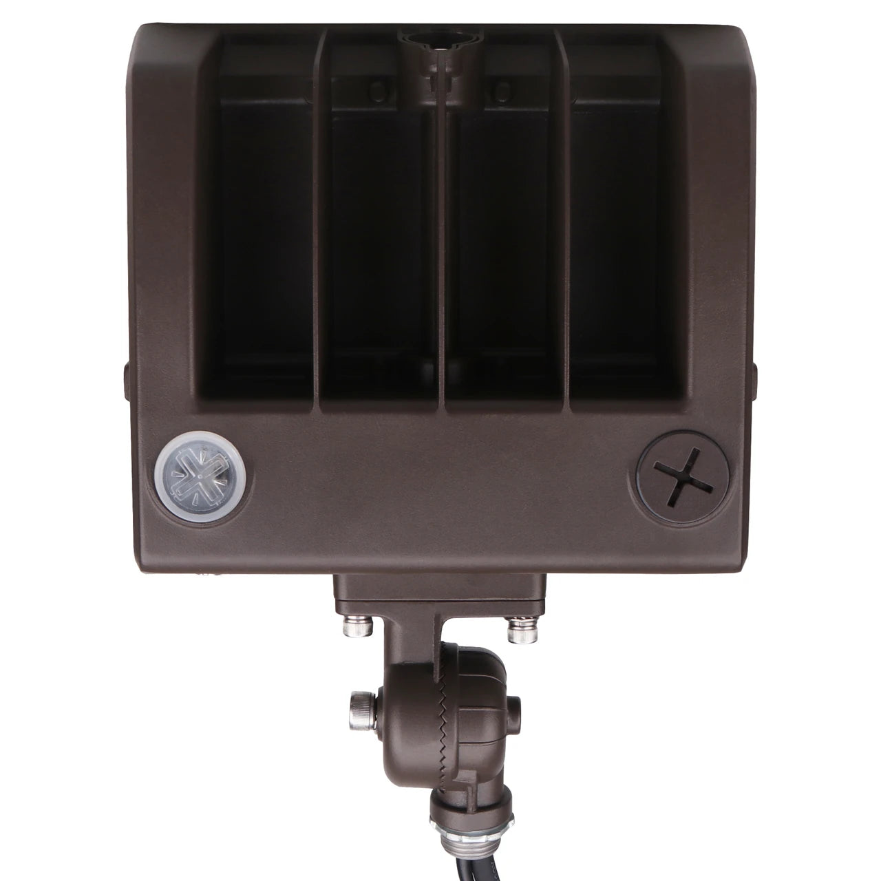 A dark brown outdoor landscape light fixture with a mounting bracket and cable, shown against a plain white background.