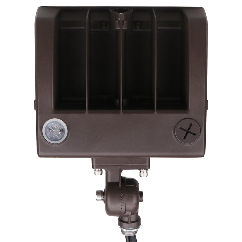 A dark brown outdoor landscape light fixture with a mounting bracket and cable, shown against a plain white background.