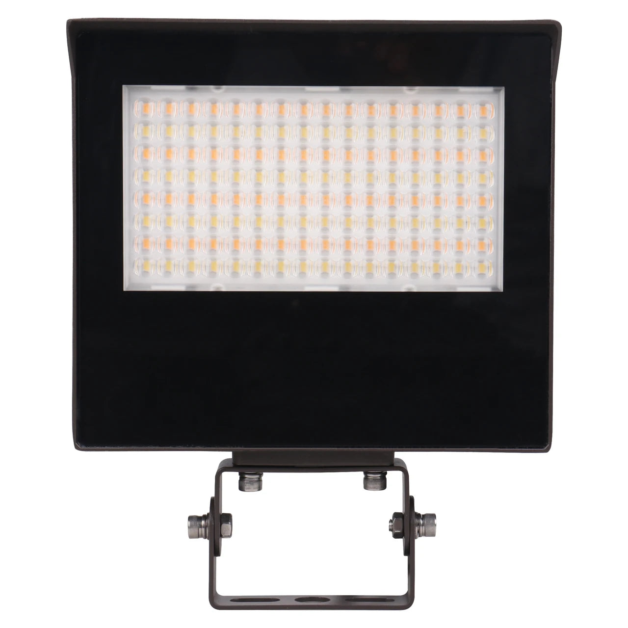 A rectangular black LED floodlight with a grid of small warm-white LEDs on the front and a mounting bracket below, shown against a plain white background.